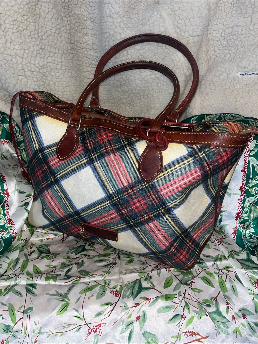 Dooney & Bourke Red, Navy and Cream Plaid Tote with Brown Leather Trim